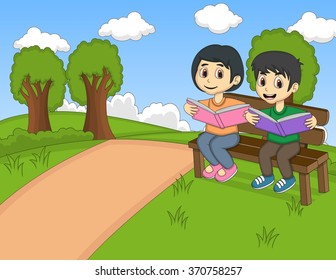Children reading a book in the park cartoon vector illustration