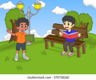 Children reading a book in the park cartoon vector illustration