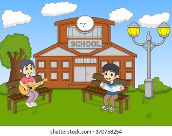 Children reading a book and playing guitar in front of their school cartoon vector illustration