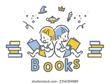 children reading a book, simple and cute illustration