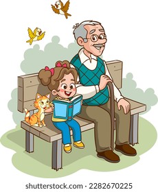 children reading a book sitting on the bench with his grandfather