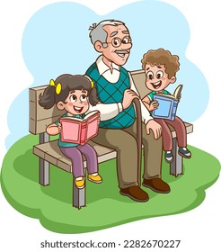 children reading a book sitting on the bench with his grandfather