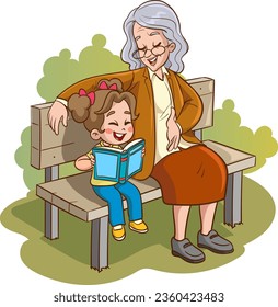 children reading a book sitting on the bench with his grandmother