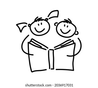 Children are reading a book. Sketch. Vector illustration.