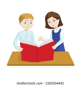 Children Reading a Book Together. European boy and Asian girl reading a red book.