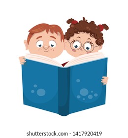 children reading a book together vector illustration
