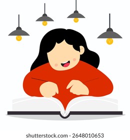 A children reading book under many lamps. Preschool education concept.