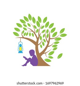 children reading a book under the tree with lantern logo for education