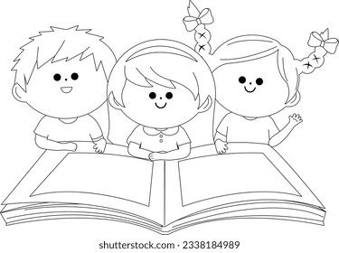 Kinder lesen ein Buch. Vektorschwarz-weiße Farbseite.
