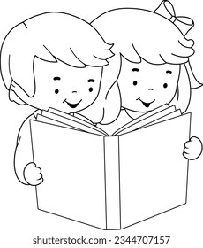 Children reading a book. Vector black and white coloring page.