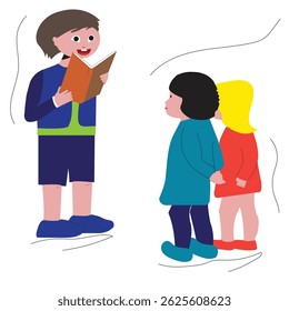 Children reading a book. Vector illustration isolated on a white background. Child reading a book to other children scene
