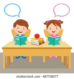 Children reading book. Vector illustration of a little boy and girl reading book.