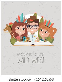 Children reading books, cartoon style. Imagination concept. Open book with wild west elements. Editable vector illustration