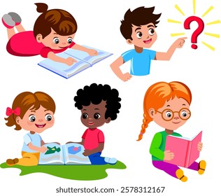 Children reading books cartoon style set   little girl  boy reading children picture book girl lying  stomach reading boy pointing with index finger question mark redhaired girl reading book Vector