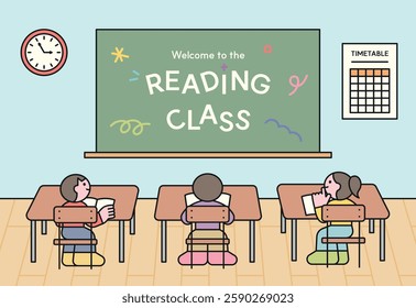 Children reading books in a classroom with a chalkboard that says 'Welcome to the Reading Class'. Flat vector illustration of a school learning environment.