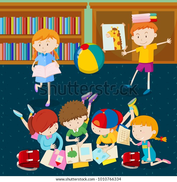 Children Reading Books Classroom Illustration Stock Vector (Royalty ...