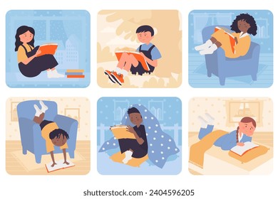 Children reading books concept with people situation set in flat web design. Bundle scenes with multiethnic diverse characters spend time with literature, pupils read textbook. Vector illustrations.