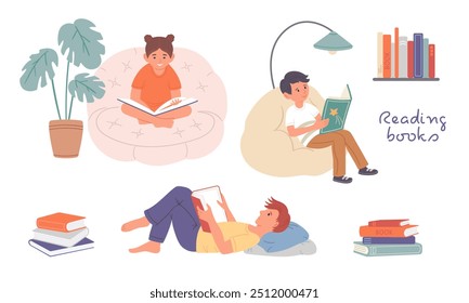 Kinder lesen Bücher in einer gemütlichen Wohnungseinrichtung.Vektorgrafik.Jungen und ein Mädchen lesen Bücher, die in einem Stuhl sitzen, auf einem Sofa, liegend.Stapel Bücher und ein Bücherregal.