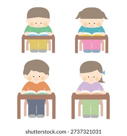 Children reading books at desk.