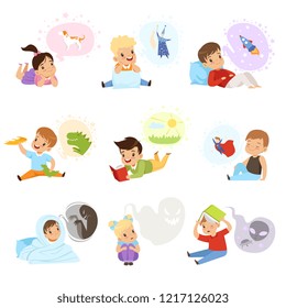 Children reading books and dreaming, kids imagination and fantasy concept vector Illustration on a white background