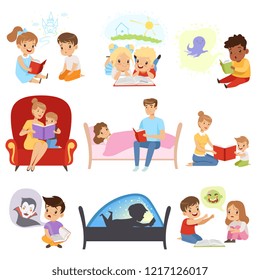 Children Reading Books And Dreaming, Parents Reading Bedtime Stories For Their Kids, Imagination And Fantasy Concept Vector Illustration On A White Background