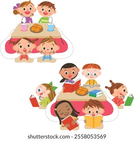 Children reading books and enjoying conversation while sitting in a kotatsu