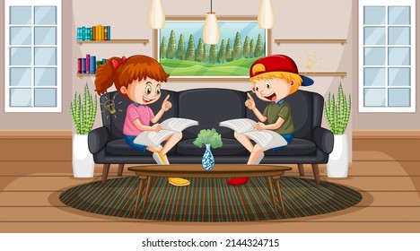 Children reading books at home illustration