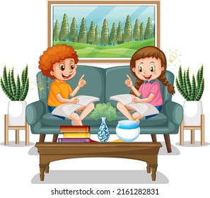 Children reading books at home illustration