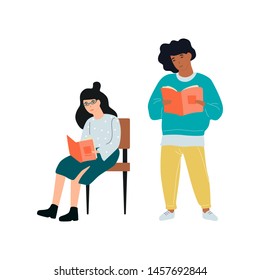 Children reading books. Idea of education and learning. Girl and boy preschooler read and study. Isolated vector illustration in flat style