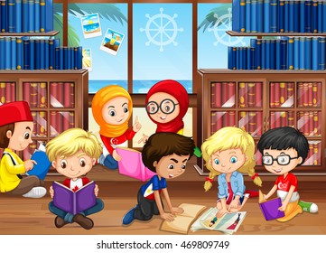 Children reading books in library illustration