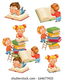 Children reading books in the library. Vector illustration. Isolated on white background. Set