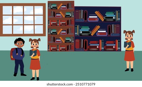 children are reading books in the library, vector, illustration