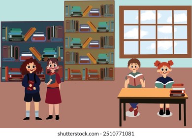 Los niños están leyendo libros en la Biblioteca, Vector, ilustración