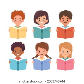 Children reading books, little boys and girls portraits with colored books. Vector illustration in cartoon style