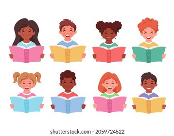 Children reading books. Little boys and girls of different nationalities with books. Vector illustration