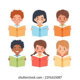 Children reading books, little boys and girls of different nationalities. Vector illustration in flat cartoon style