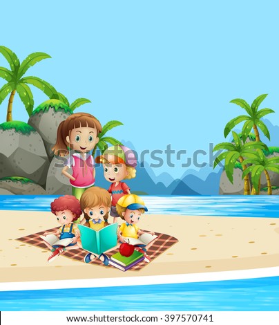 Children reading books on the beach illustration