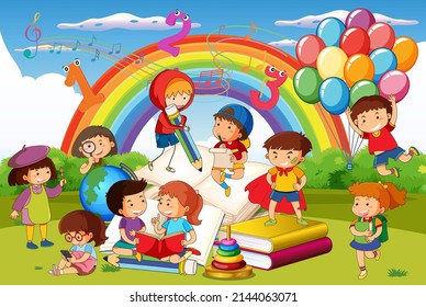 A children are reading books on a stack of books in garden scene illustration