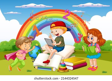 A children are reading books on a stack of books in garden scene illustration
