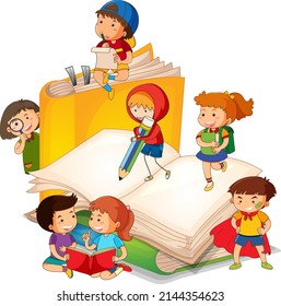 A children are reading books on a stack of books illustration