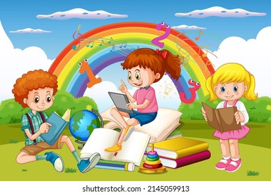 Children Reading Books On Stack Books Stock Vector (Royalty Free ...