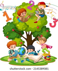 Un niño está leyendo libros en una pila de libros en la ilustración de la escena del jardín
