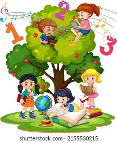 A children are reading books on a stack of books in garden scene  illustration