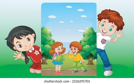 A children are reading books on a stack of books in garden scene