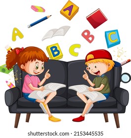 Children reading books on white background illustration