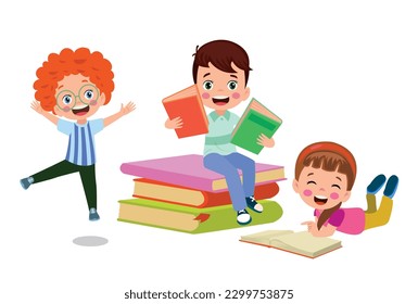 Children reading books on a white background.