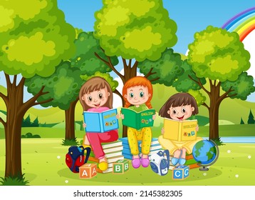 Children reading books in park background illustration