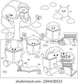 Children reading books at the park, in nature. Vector black and white coloring page.