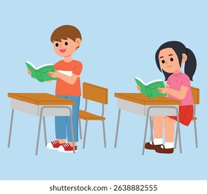 Children reading books at school, young boy standing and read out loud illustration
