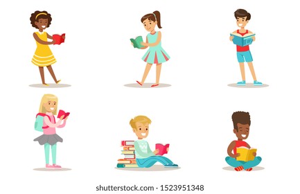 Children Reading Books Set, Smiling Boys and Girls Enjoying Literature Vector Illustration